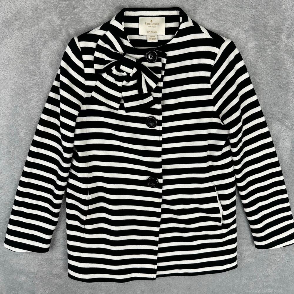 Kate Spade Girls 10 Bow Jacket Black White Stripe Button Coat 140/10Y Preppy